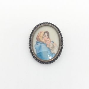 Antique Hand Painted Portrait Brooch Pendant 800 Silver Frame